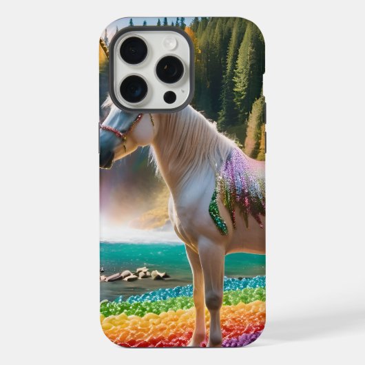 虹の花ユニコーン緑の木々滝湖 iPhoneケース (裏面)