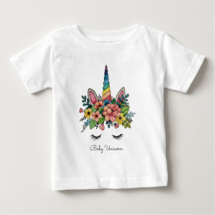 虹の角を持つ一角獣（ユニコーン）のまつげ ベビーTシャツ