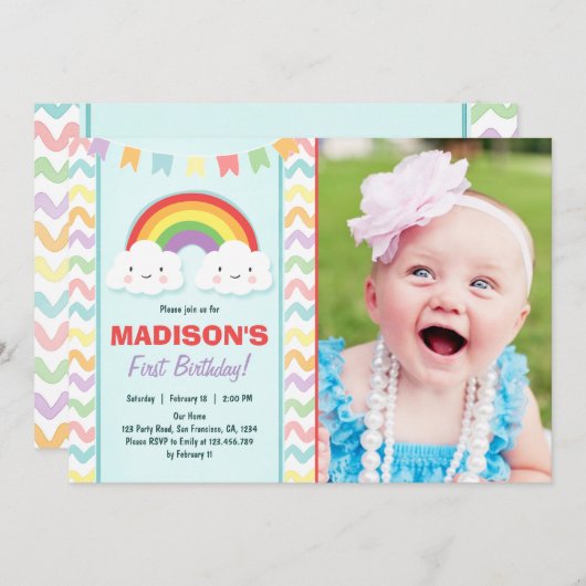 虹の誕生日のパーティの招待状の女の子の雲 招待状 (正面/裏面)