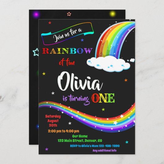 虹の誕生日の招待レインボーのおもしろいパーティー 招待状 (正面/裏面)
