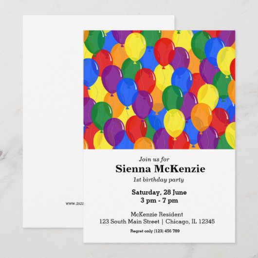 虹の誕生日風船 招待状 (正面/裏面)