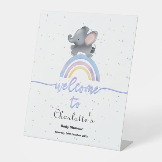 虹の赤ちゃんカラフルシャワー付き可愛い象 台座サイン (正面)