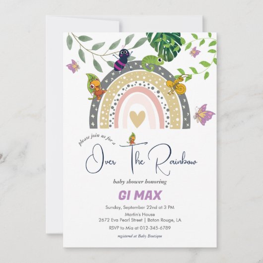 虹の赤ちゃんシャワーの上のジャングル 招待状 (正面)