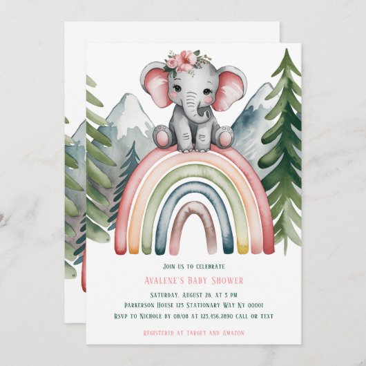 虹の赤ちゃんシャワーの可愛い象 招待状 (正面/裏面)