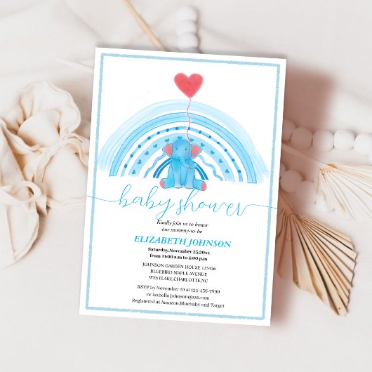虹の赤ちゃんシャワー付きの可愛い赤ちゃんブルー象 招待状