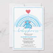 虹の赤ちゃんシャワー付きの可愛い赤ちゃんブルー象 招待状 (正面)