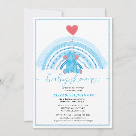 虹の赤ちゃんシャワー付きの可愛い赤ちゃんブルー象 招待状 (正面)