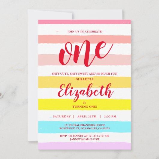 虹の赤面のストライプな水彩画の驚きの誕生日 招待状 (正面)