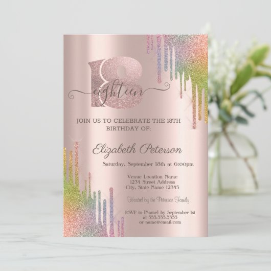 虹の輝きが滴るローズゴールドの18歳の誕生日 招待状 (スタンド正面)