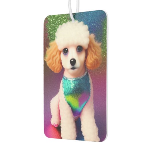 虹の輝きにクリームの耳を持つ白いプードル カーエアーフレッシュナー (左)