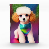虹の輝きにクリームの耳を持つ白いプードル フォトブロック (正面)
