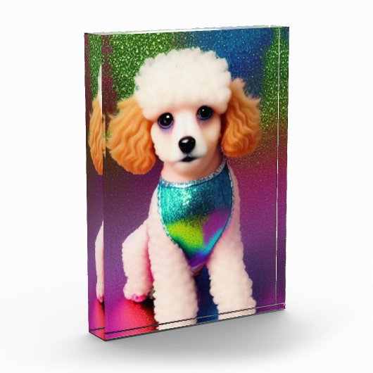 虹の輝きにクリームの耳を持つ白いプードル フォトブロック (左)