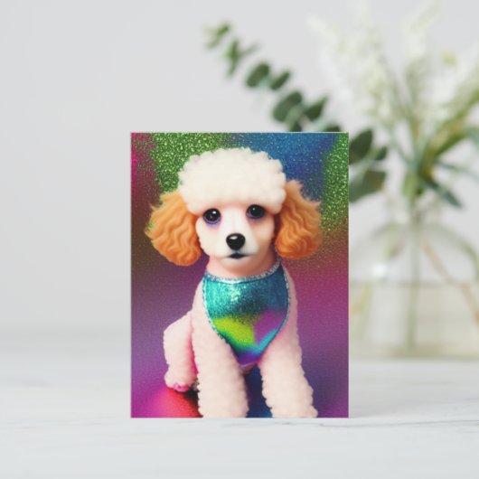 虹の輝きにクリームの耳を持つ白いプードル ポストカード (スタンド正面)