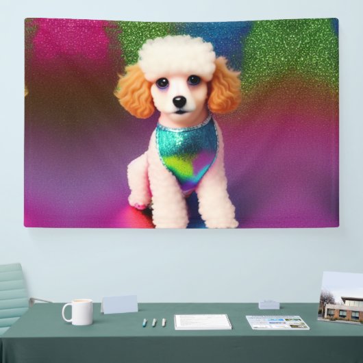 虹の輝きにクリームの耳を持つ白いプードル 横断幕 (トレードショー)