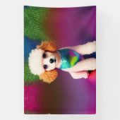 虹の輝きにクリームの耳を持つ白いプードル 横断幕 (縦)