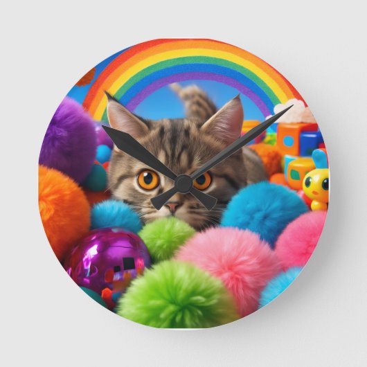 虹の遊び時間キットン かわいい タビー猫 ラウンド壁時計 (正面)