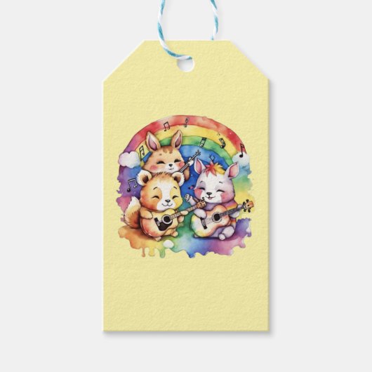 虹の遊中の可愛い動物の音楽 ギフトタグ (正面)