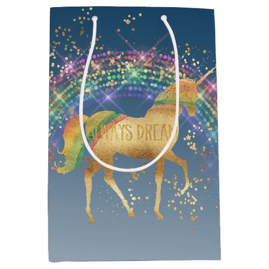 虹の金ゴールドの星の夢のユニコーン ミディアムペーパーバッグ (正面)