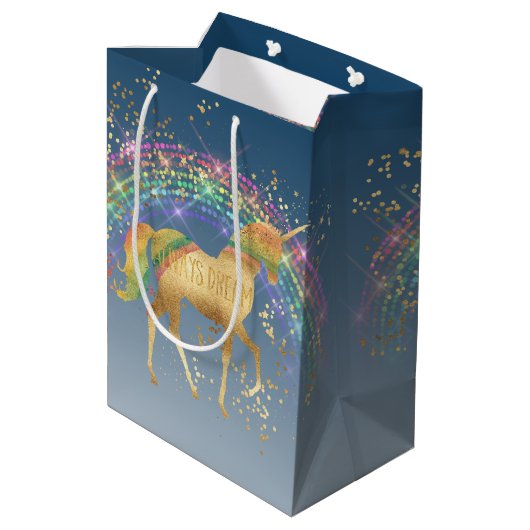 虹の金ゴールドの星の夢のユニコーン ミディアムペーパーバッグ (裏面アングル)