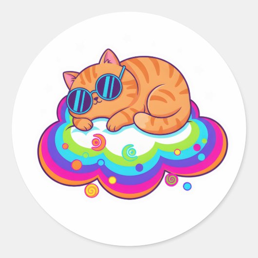 虹の雲の上で眠るかわいいオレンジの猫と星 ラウンドシール (正面)