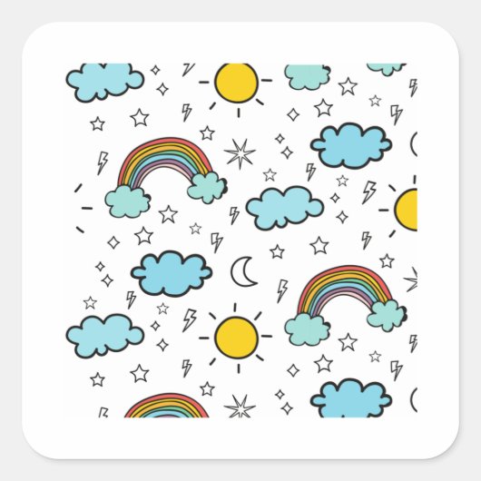 虹の雲の太陽の星のパタ子供へーン スクエアシール (正面)