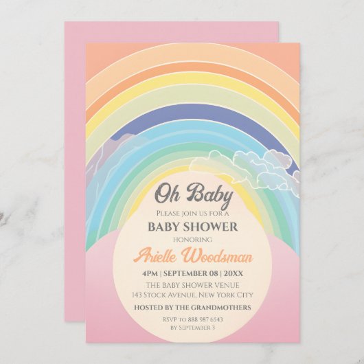 虹の雲の赤ちゃんカスタマイズシャワー卵フレーム 招待状 (正面/裏面)