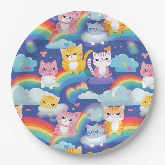 虹の雲を描いた猫たち、かわいい幸せ ペーパープレート (正面)