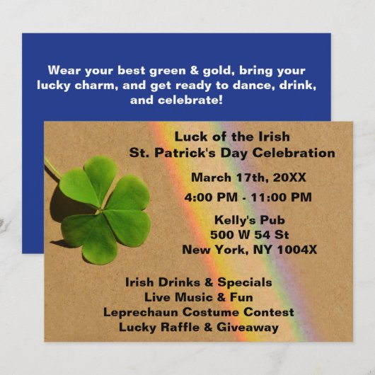 虹の青と緑のクローバーを飲むアイルランドの祝い 招待状 (正面/裏面)