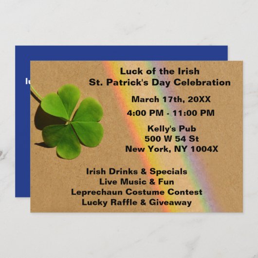 虹の青と緑のクローバーを飲むアイルランドの陽気な雰囲気 招待状 (正面/裏面)