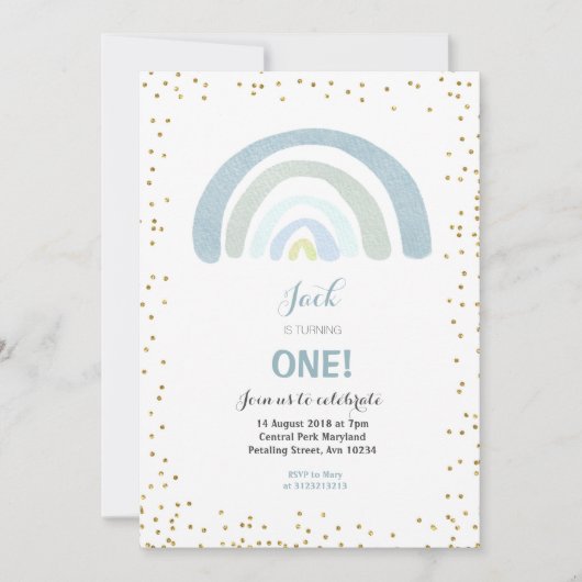 虹の青の第1誕生日の招待状の男の子 招待状 (正面)