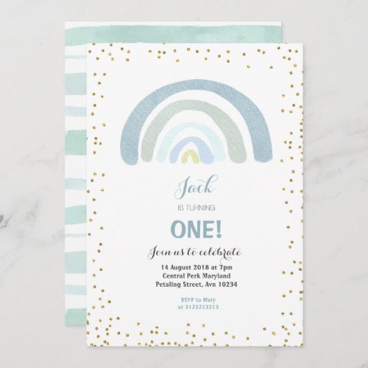 虹の青の第1誕生日の招待状の男の子 招待状 (正面/裏面)