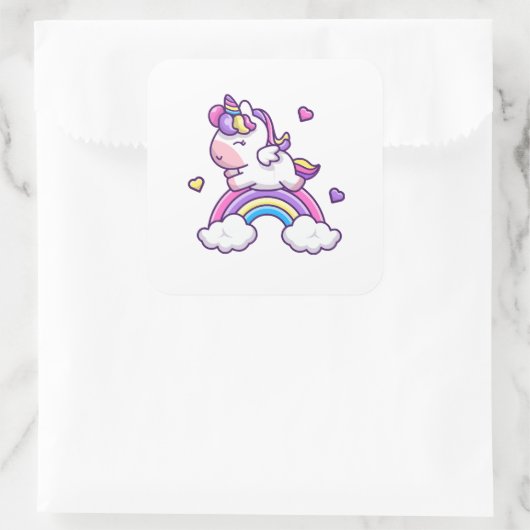 虹の風刺画が描かれた可愛い一角獣 スクエアシール (バッグ)