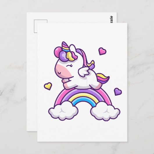虹の風刺画が描かれた可愛い一角獣 ポストカード (正面/裏面)