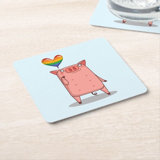 虹の風船を持つ豚 スクエアペーパーコースター (アングル)
