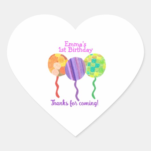 虹の風船 1歳の誕生日ステッカー ハートシール (正面)