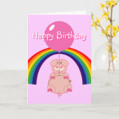 虹の飛んでいる誕生日カードの上に浮かぶ豚 カード (黄色い花)