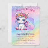 虹の魔法のユニコーンの3番目の誕生日 招待状 (正面)