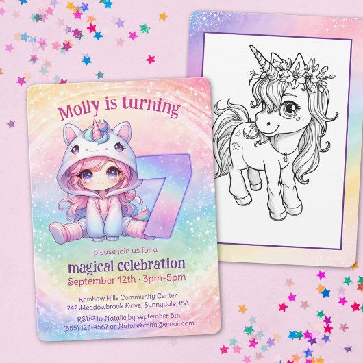虹の魔法のユニコーンウィムシクル7歳の誕生日 招待状