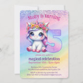 虹の魔法のユニコーン5歳の誕生日 招待状 (正面)