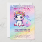 虹の魔法のユニコーン6歳の誕生日 招待状 (正面)