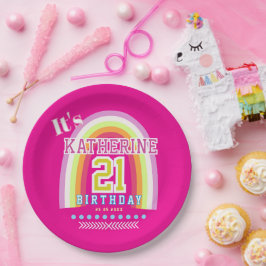 虹の21歳の誕生日 ホットピンク ペーパープレート