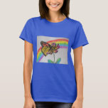 虹の（昆虫）オオカバマダラ、モナーク絵画蝶の女性Tシャツ Tシャツ<br><div class="desc">虹の（昆虫）オオカバマダラ、モナークの絵画誕生日の女性Tシャツ私のオリジナルの水彩画とインキの絵。</div>