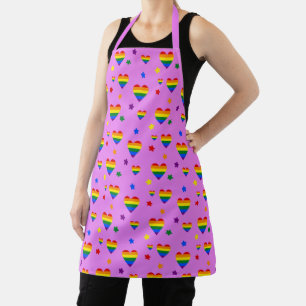 虹のLGBTハートとカラフル花のパターン エプロン