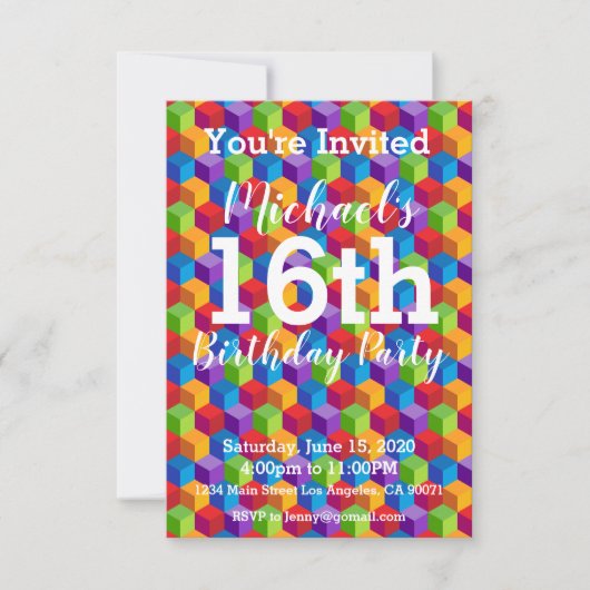 虹はブロックの誕生日のパーティの招待状を立方体にします 招待状 (正面)