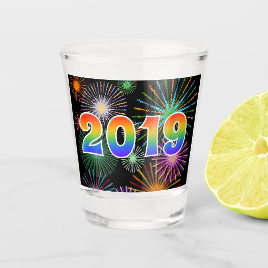 虹は文字を入れます"2019年"に + 花火 ショットグラス (正面)