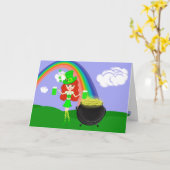 虹を持つSt Pat日の赤毛の女の子の小妖精 カード (黄色い花)