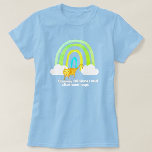 虹を追いかけて昼寝 ルビー色の可愛い猫 Tシャツ (デザイン正面)