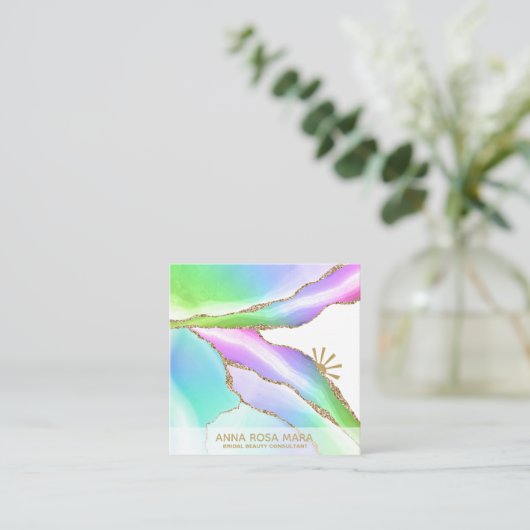 *～*虹アゲートパステル金ゴールドグリッター静脈白 スクエア名刺 (スタンド正面)