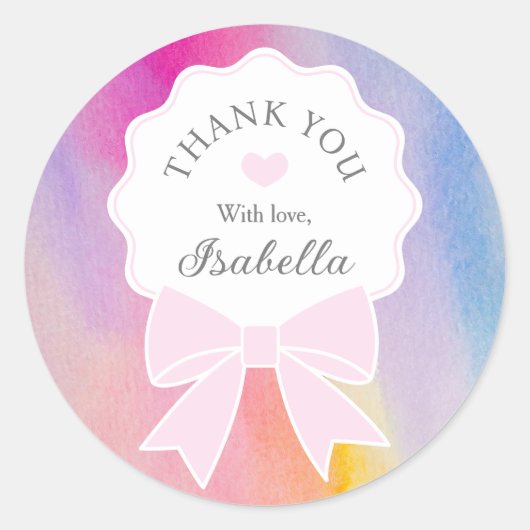 虹エレガントの水色かわいいピンクの弓ありがとう ラウンドシール (正面)