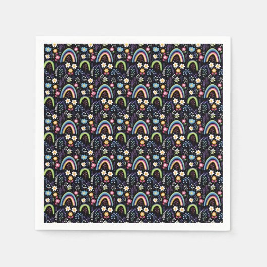 虹カラフルと木の花の模様 スタンダードカクテルナプキン (正面)